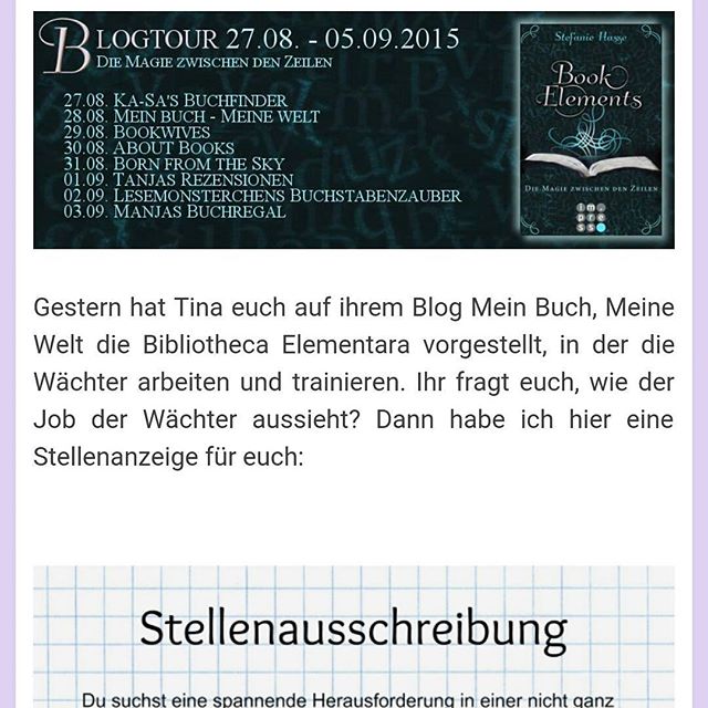 Ihr sucht einen Job,  der mit Literatur zu tun hat? Dann schaut doch mal bei uns nach, ob ihr als Wächter geeignet seid... ;)
@stefaniehasse @carlsenverlag
--> bookwives.de
#blogtour #bookelements